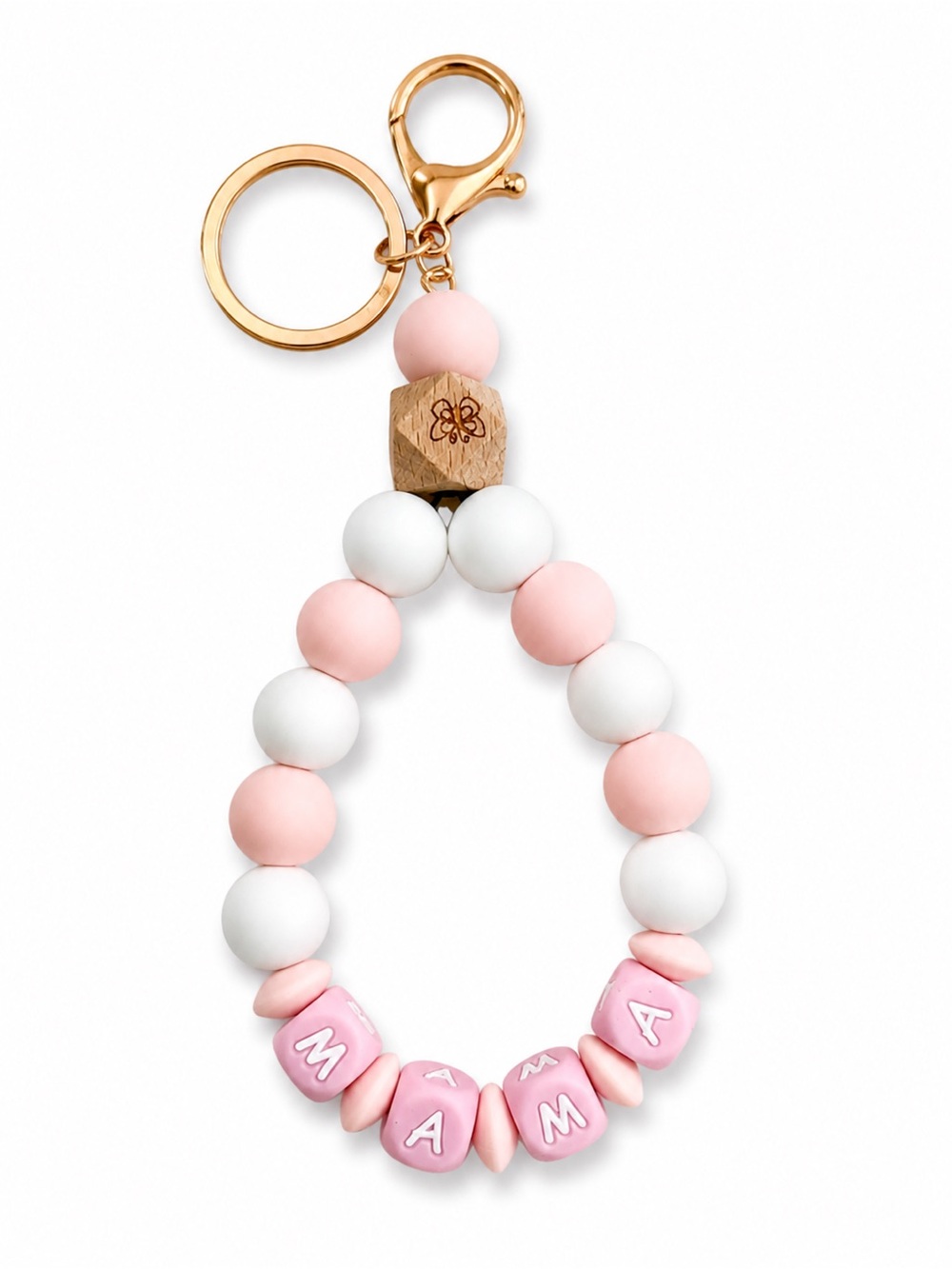 Beaded Keychain Wristlet - Pink & White with "MAMMA"
